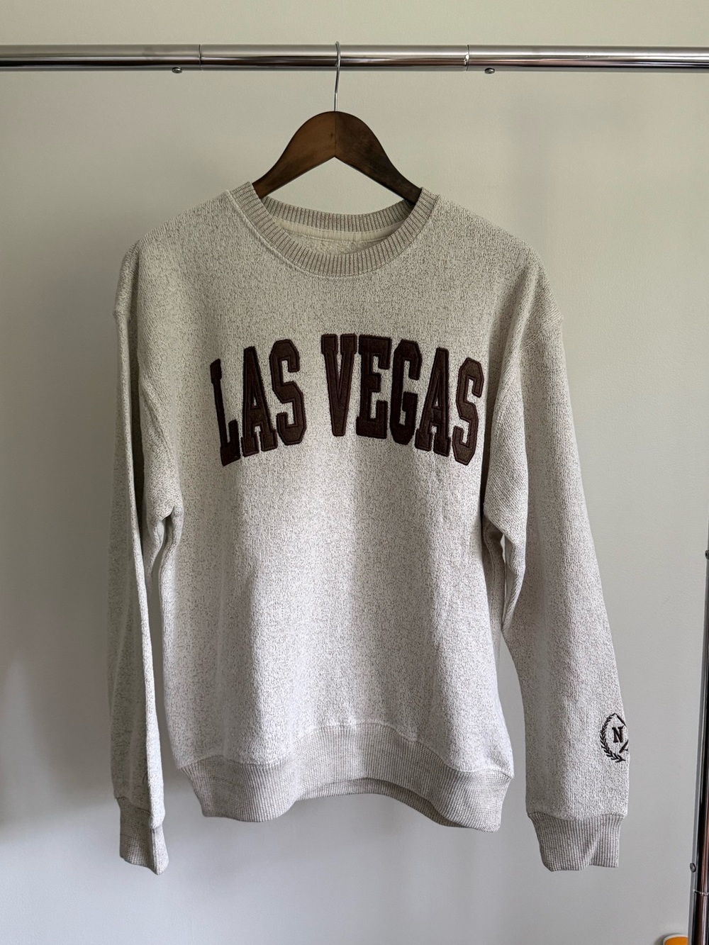 Cream Crewneck Sweater with Maroon "Las Vegas" Appliqué